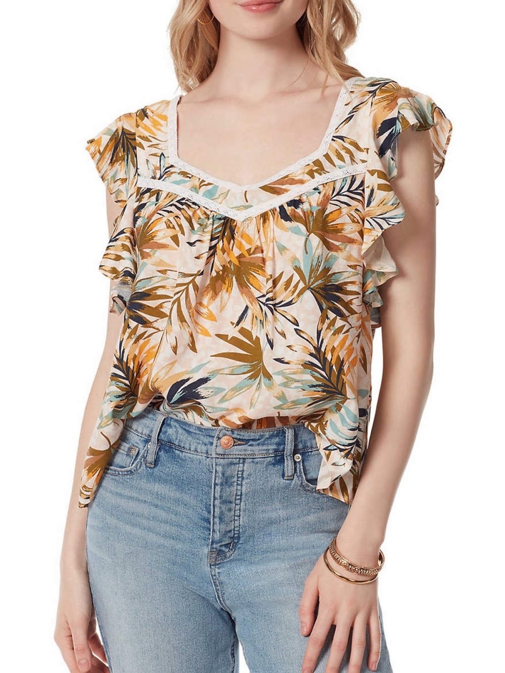 Jessica Simpson Multi-Color Tropical Ruffle Cap-Sleeve Blouse